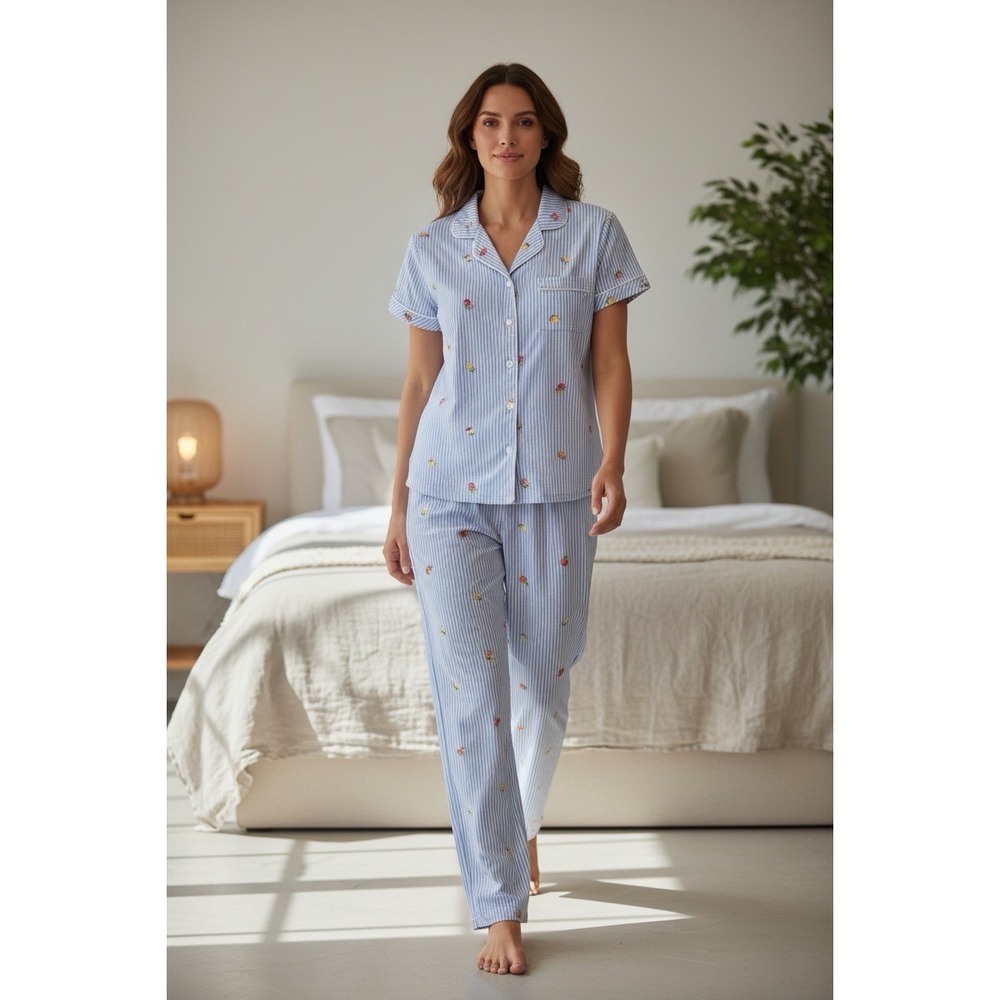 Laura Ashley Striped Fruits Size Medium Pajama Set